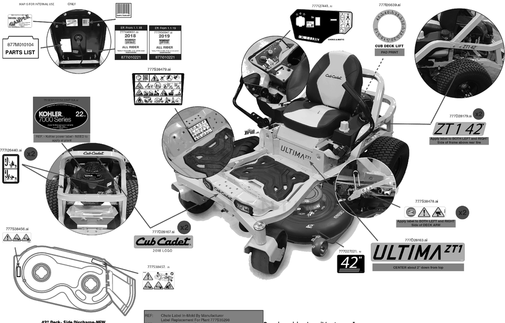 Label Map Diagram and Parts List for ZT1-42KH (17RREACS010)(2019) Cub Cadet Lawn Tractor